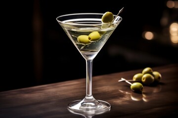 An elegant crystal glass filled with chilled martini, garnished with a green olive, resting on a polished wooden bar counter under soft ambient lighting