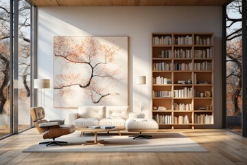 modern minimalist scandinavian library with light natural materials with modern art on the walls