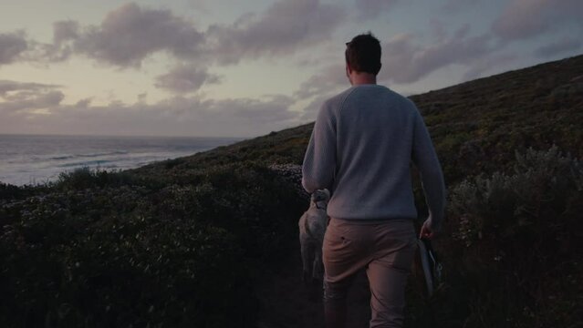 Rear view of a group of unrecognizable people and a dog walk along a narrow hilltop path, along a charming ocean coastline in Australia during sunset