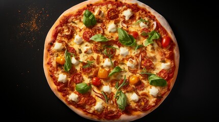 An overhead shot of a gourmet pizza, with bubbling cheese and fresh toppings, on a minimalist,...