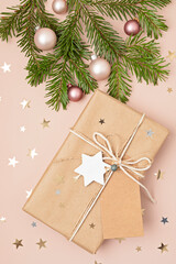 Christmas background with gift box. Xmas celebration, preparation for winter holidays. Festive mockup, top view, flatlay