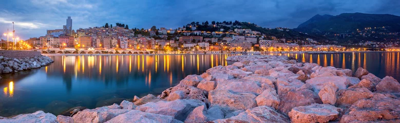Papier Peint photo Lavable Navire Panoramic view of colorful Old town and Old Port Of Menton, French Riviera, France