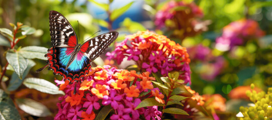 Naklejka premium In a lush green meadow, a stunning butterfly adds a burst of color as it flits among the vibrant flowers.