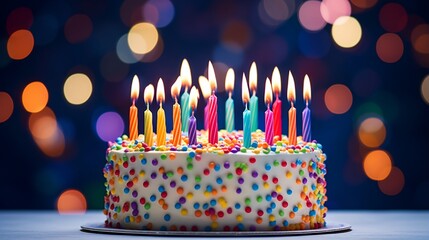 A colorful birthday cake adorned with lit candles, standing against a clean, solid background, captured in stunning HD quality