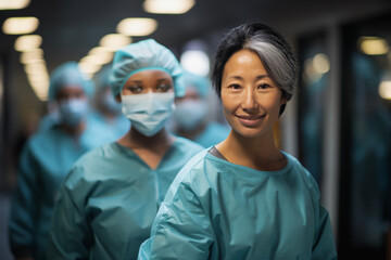Fototapeta premium An Asian middle-aged doctor and her colleague, an African doctor, walking to Surgery. Surgical theme on the way to a surgery.