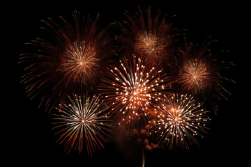 fireworks in black sky against dark background, dark emerald and light amber, decorative backgrounds, with empty copy space