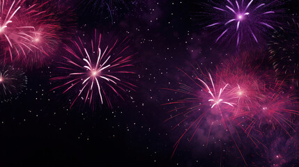 Fototapeta premium fireworks in black sky against dark background, dark emerald and light amber, decorative backgrounds, with empty copy space