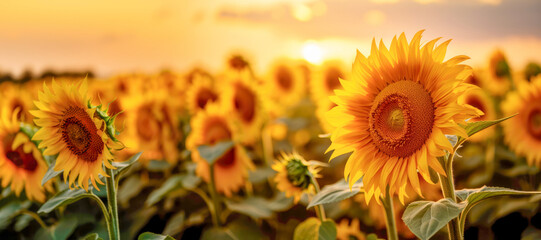 Fototapeta premium A breathtaking scene of a sunflower field basking in the warm sunlight of a summer evening, with rows of vibrant yellow flowers stretching towards the horizon.