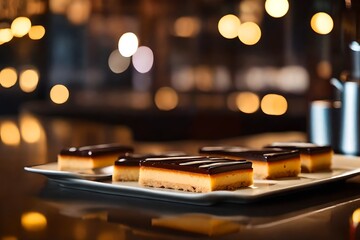 ﻿This text discusses a yummy dessert called Millionaire's Shortbread. The photo displays a lovely restaurant far away.. AI Generated - obrazy, fototapety, plakaty
