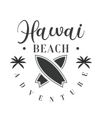 Hawaii beach surfing boat club summer school logo template, black and white vector Illustration