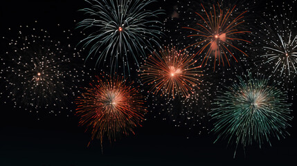 fireworks in black sky against dark background, dark emerald and light amber, decorative backgrounds, with empty copy space