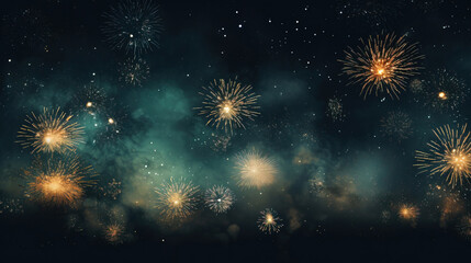 Fototapeta premium fireworks in black sky against dark background, dark emerald and light amber, decorative backgrounds, with empty copy space