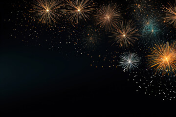 Fototapeta na wymiar fireworks in black sky against dark background, dark emerald and light amber, decorative backgrounds, with empty copy space