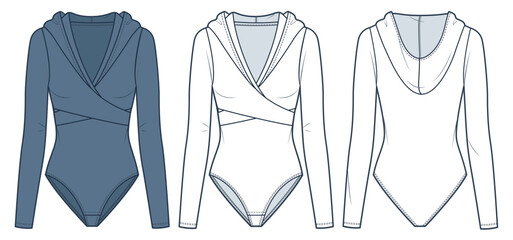 Hooded Bodysuit technical fashion illustration. Long Sleeve Bodysuit fashion flat technical drawing template, front and back view, white, blue, women, men, unisex active wear CAD mockup set.
