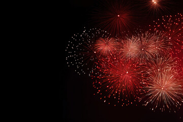 fireworks in black sky against dark background, dark emerald and light amber, decorative backgrounds, with empty copy space