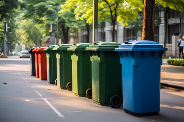 A row of trash cans neatly lined up on a sidewalk, showcasing the importance of proper waste disposal