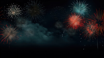 fireworks in black sky against dark background, dark emerald and light amber, decorative backgrounds, with empty copy space