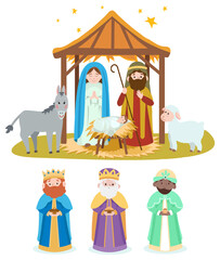 Set of cliparts of Nativity scene with baby Jesus, Mary, Joseph, animals and three wise men in Bethlehem in cartoon flat style.Vector illustration