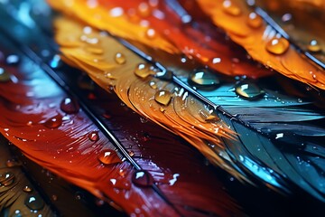 Beautiful color feathers with water drops close-up. Macro photography