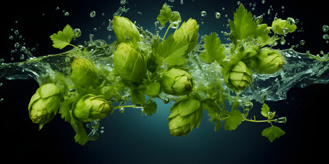 Splash on hops in a dark background craft beer concept