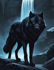 Black wolf against the backdrop of a waterfall at night