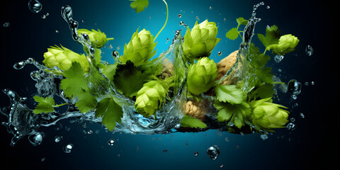 Splash on hops in a blue background craft beer concept