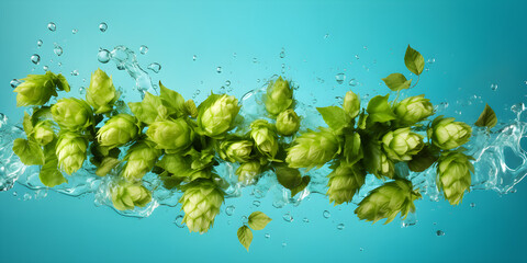 Splash on hops in a blue background craft beer concept