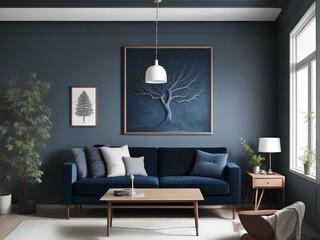 cozy living room with blue couch and tree painting