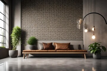 Interior of modern living room with concrete walls, tiled floor, brown wooden bench and decorative plant 