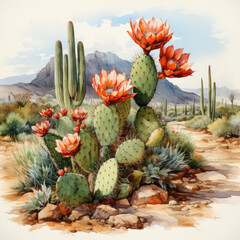 watercolor Saguaro cactus blossom clipart, generative ai