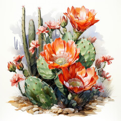 watercolor Saguaro cactus blossom clipart, generative ai