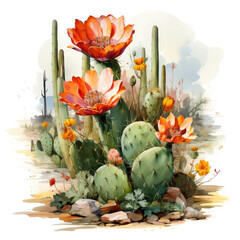 watercolor Saguaro cactus blossom clipart, generative ai