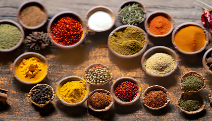 variety of spices in bowls, Spice It Up: Vibrant Assortment on a Rustic Wooden Table, AI Generated