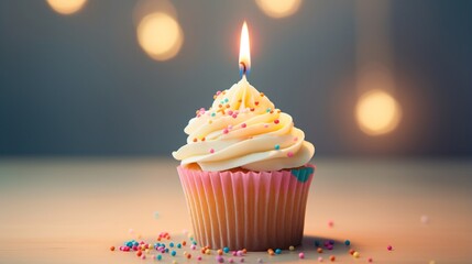 The visual appeal of a celebratory cupcake with a flickering candle, placed on a simple, uncluttered background, shot in high-definition to capture every delightful detail