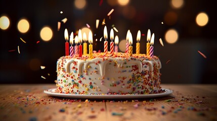 The visual appeal of a celebratory birthday cake with flickering candles, placed on a simple, uncluttered background, shot in high-definition to capture every detail