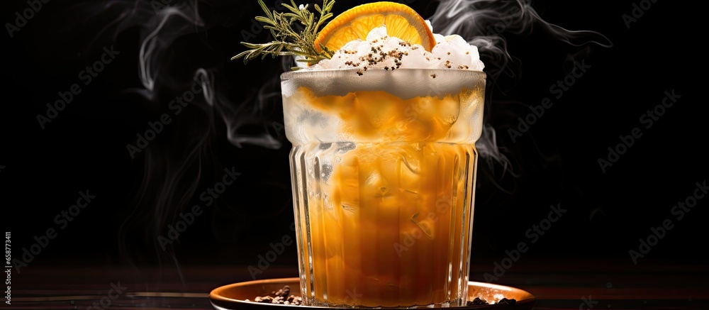 Sticker foamy cocktail with rosemary and metal straw made from dried oranges with copyspace for text