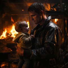 Fototapeta premium A young fireman holding a baby in front of a fire