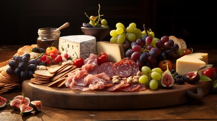 The visual appeal of a charcuterie board filled with a variety of cheeses, meats, and fruits, set...