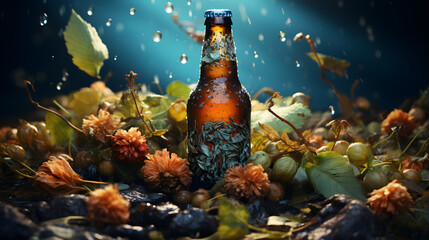 Bottle of Beer in a Dark Background and plants