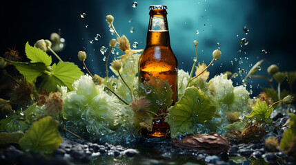 Bottle of Beer in a Dark Background and plants
