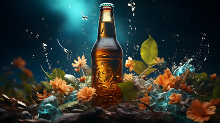 Bottle of Beer in a Dark Background and plants