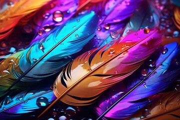 Colorful bird feathers with water drops close-up. Abstract background. - Powered by Adobe