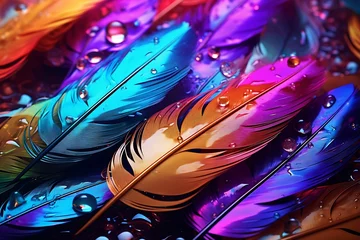 Fototapeten Colorful bird feathers with water drops close-up. Abstract background. © Gorilla Studio