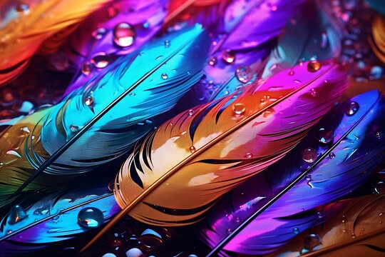 Colorful bird feathers with water drops close-up. Abstract background.
