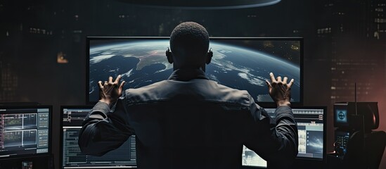 African American control room worker overseeing space mission with monitors and celebrating successful rocket launch With copyspace for text - obrazy, fototapety, plakaty