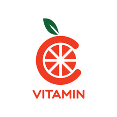 Orange fruit graphic vector illustration like letter C with two green leaves on top representing vitamin C, for company logo or symbol