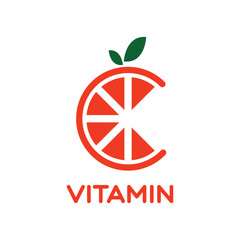 Orange fruit graphic vector illustration like letter C with two green leaves on top representing vitamin C, for company logo or symbol