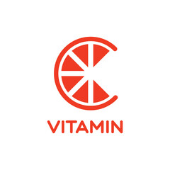 Orange fruit graphic vector illustration like letter C with two green leaves on top representing vitamin C, for company logo or symbol