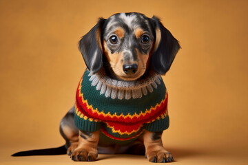 Dachshund dog with knitted winter sweater on yellow background