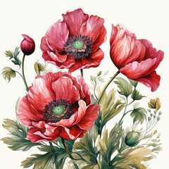 watercolor poppy clipart, generative ai